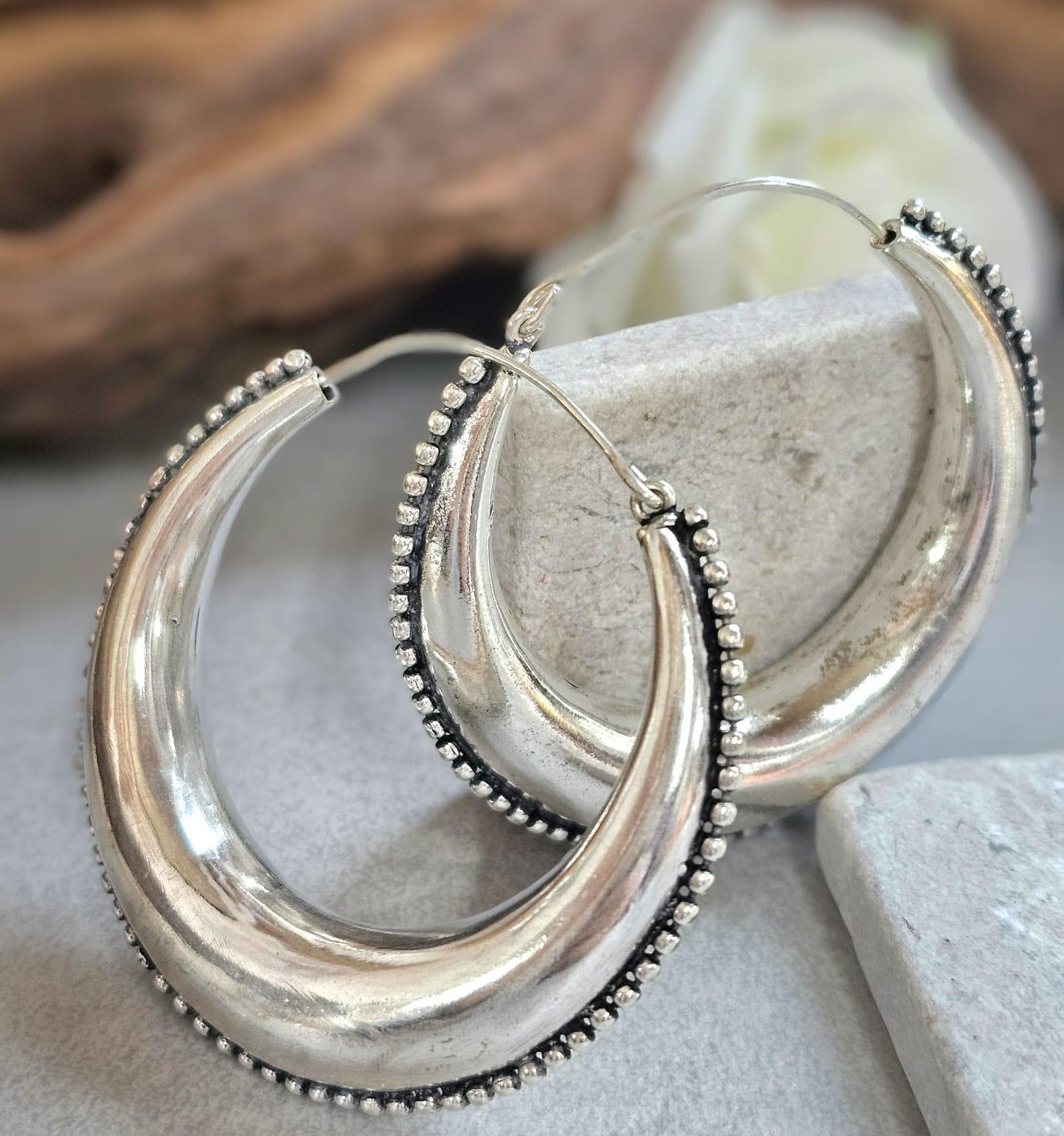 Silver Boho Hoop Earrings – Tribal Crescent Hoops – Silver Plated, Nickel & Lead Free – Statement Earrings – Available in 6 Sizes