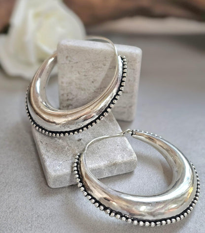 Silver Boho Hoop Earrings – Tribal Crescent Hoops – Silver Plated, Nickel & Lead Free – Statement Earrings – Available in 6 Sizes
