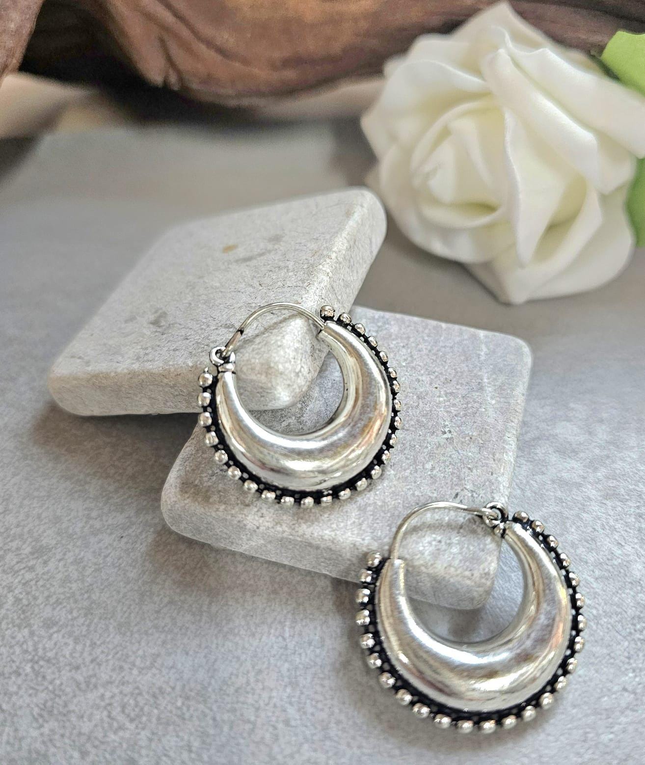 Silver Boho Hoop Earrings – Tribal Crescent Hoops – Silver Plated, Nickel & Lead Free – Statement Earrings – Available in 6 Sizes
