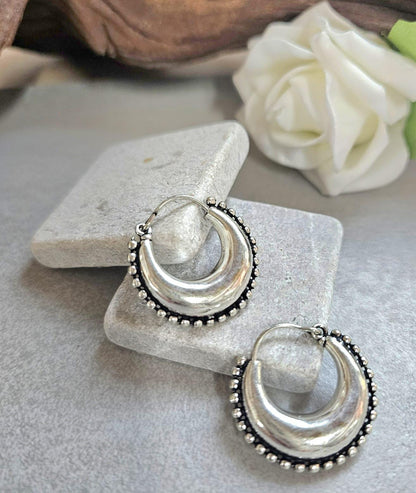 Silver Boho Hoop Earrings – Tribal Crescent Hoops – Silver Plated, Nickel & Lead Free – Statement Earrings – Available in 6 Sizes