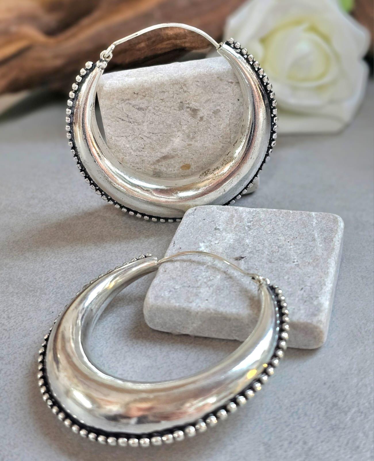 Silver Boho Hoop Earrings – Tribal Crescent Hoops – Silver Plated, Nickel & Lead Free – Statement Earrings – Available in 6 Sizes