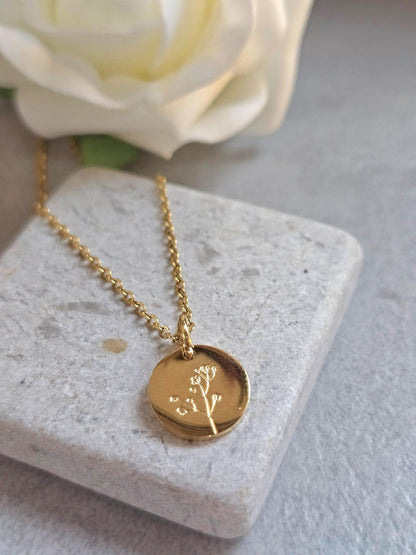 Stainless Steel Botanical Disc Necklace – Gold Minimal Flower Pendant – Waterproof Dainty Layering Necklace – Everyday Jewellery Gift for He