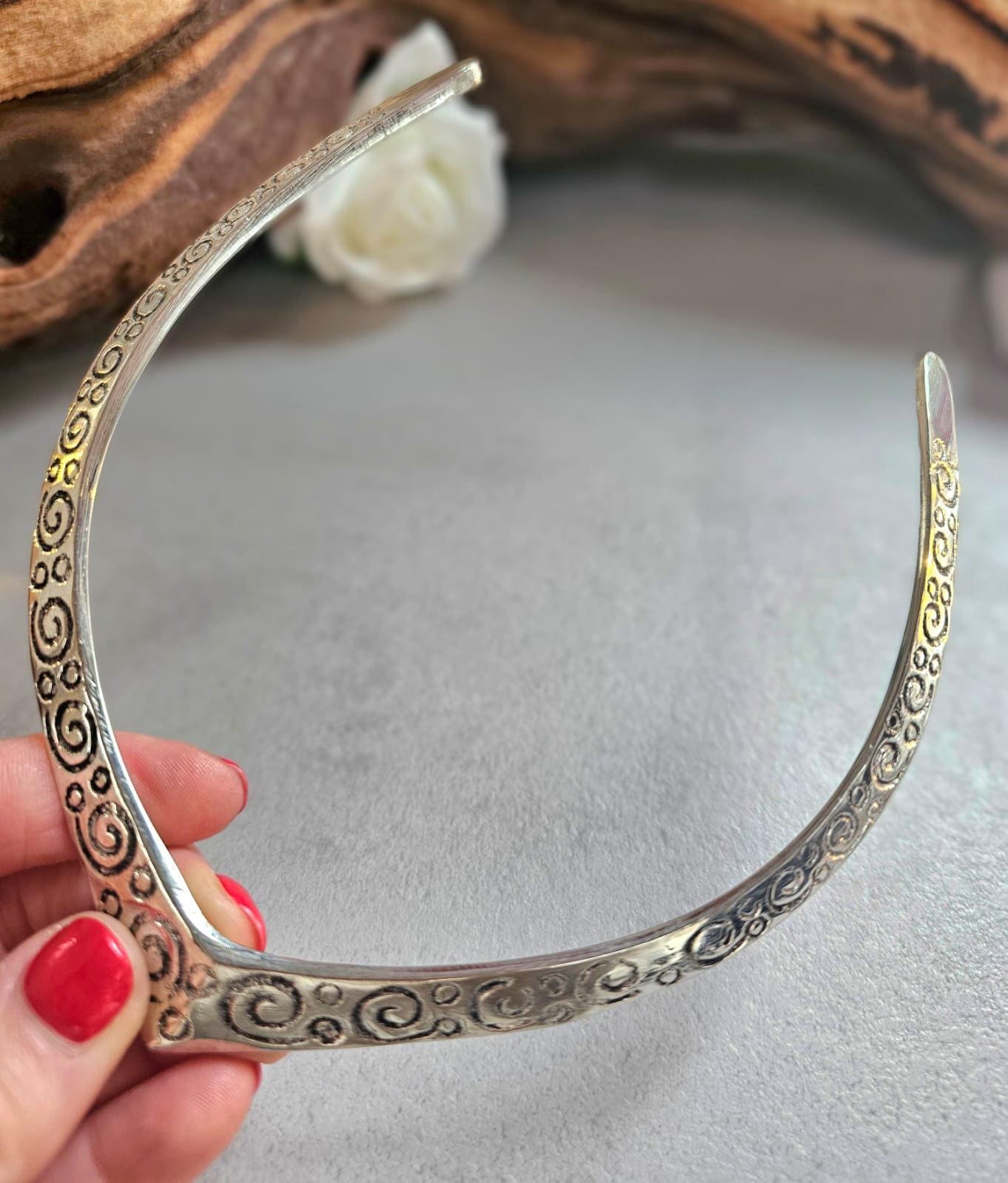 Silver Plated Statement Choker Necklace | Embossed Swirl Collar Necklace | Boho Silver Torque | Adjustable Open Choker | Gift for Her