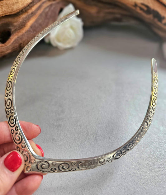 Silver Plated Statement Choker Necklace | Embossed Swirl Collar Necklace | Boho Silver Torque | Adjustable Open Choker | Gift for Her