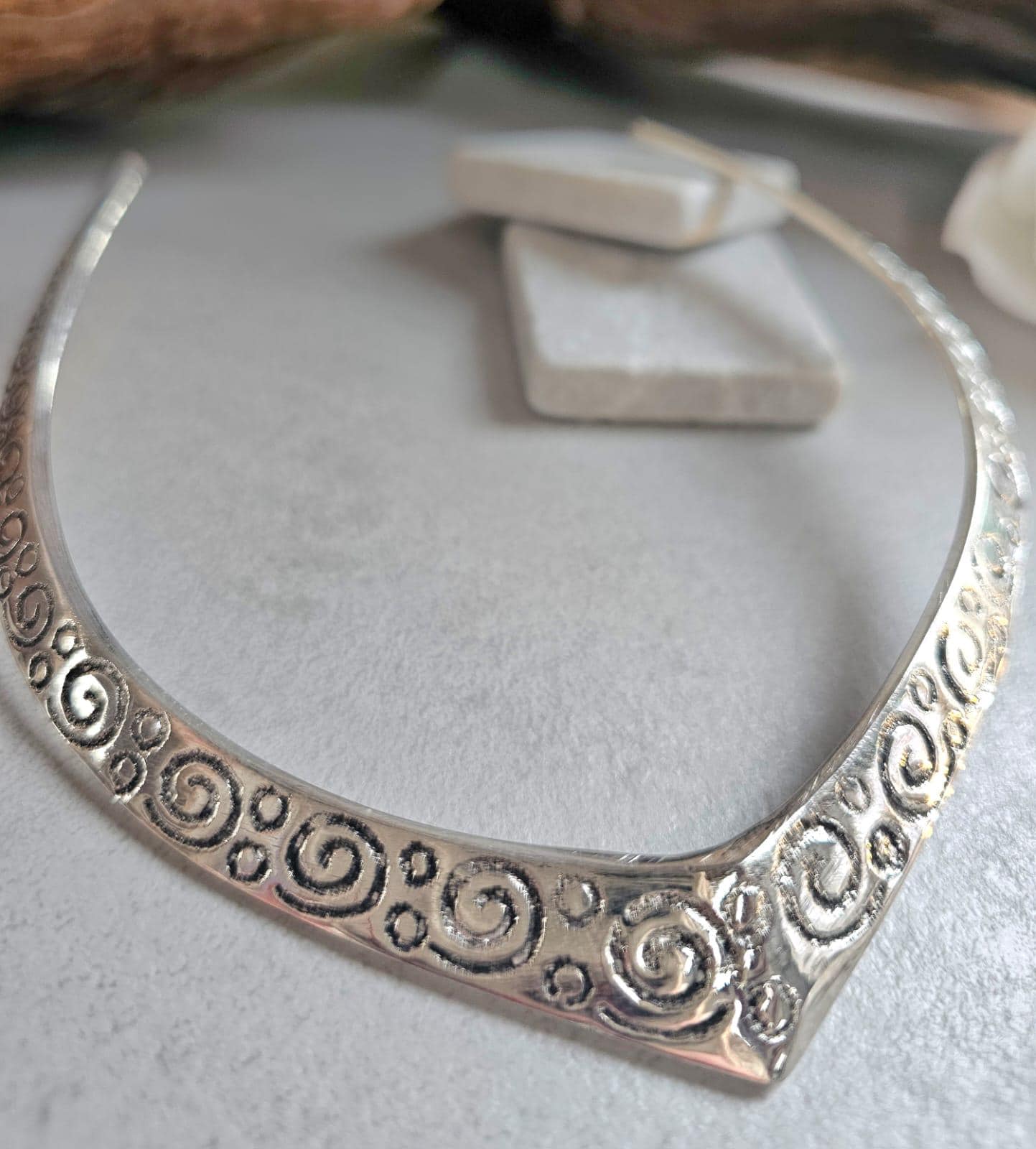 Silver Plated Statement Choker Necklace | Embossed Swirl Collar Necklace | Boho Silver Torque | Adjustable Open Choker | Gift for Her