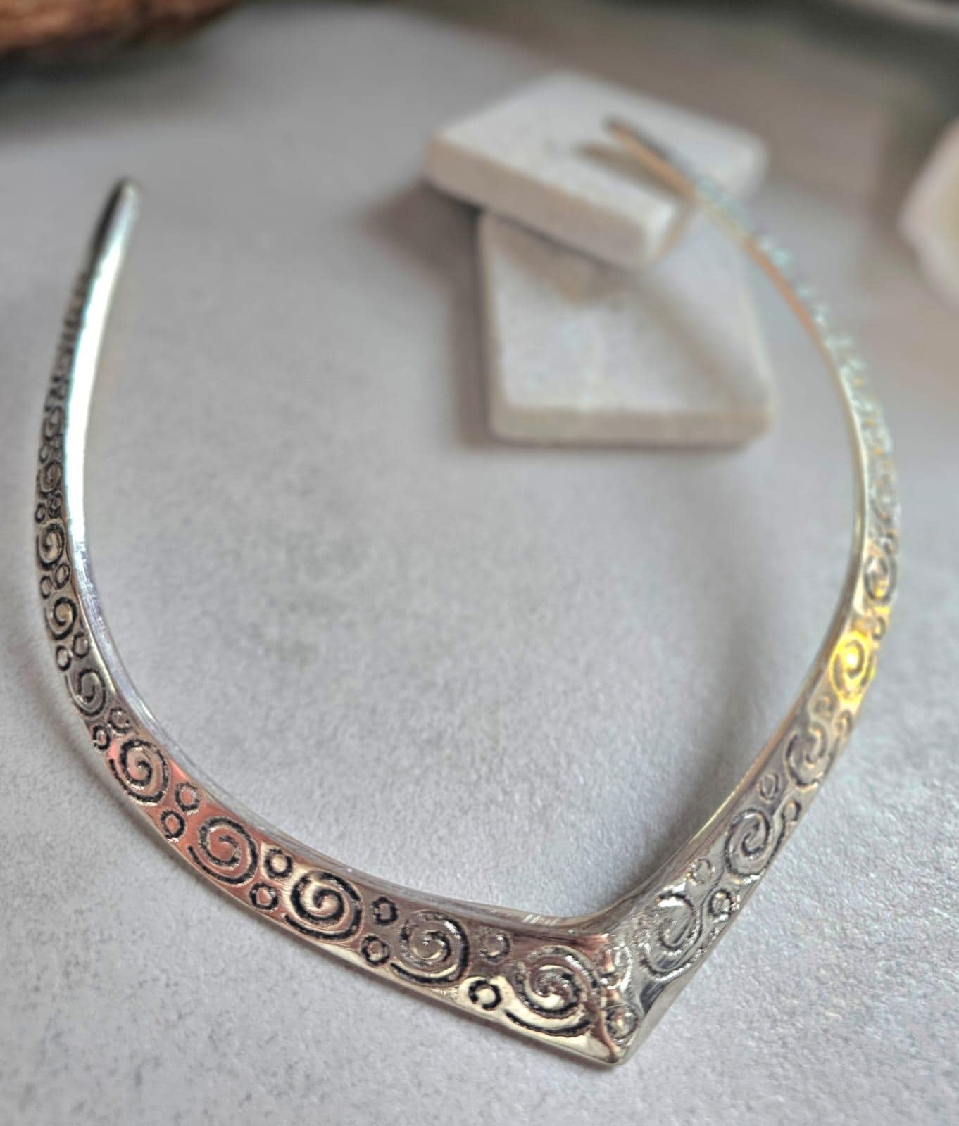 Silver Plated Statement Choker Necklace | Embossed Swirl Collar Necklace | Boho Silver Torque | Adjustable Open Choker | Gift for Her