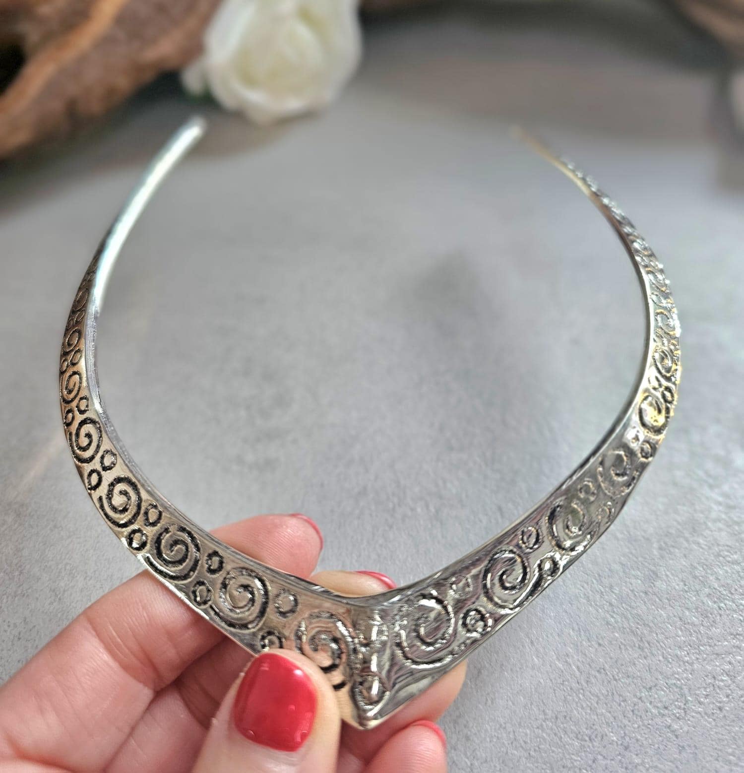 Silver Plated Statement Choker Necklace | Embossed Swirl Collar Necklace | Boho Silver Torque | Adjustable Open Choker | Gift for Her