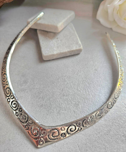 Silver Plated Statement Choker Necklace | Embossed Swirl Collar Necklace | Boho Silver Torque | Adjustable Open Choker | Gift for Her