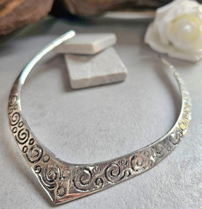 Silver Plated Statement Choker Necklace | Embossed Swirl Collar Necklace | Boho Silver Torque | Adjustable Open Choker | Gift for Her