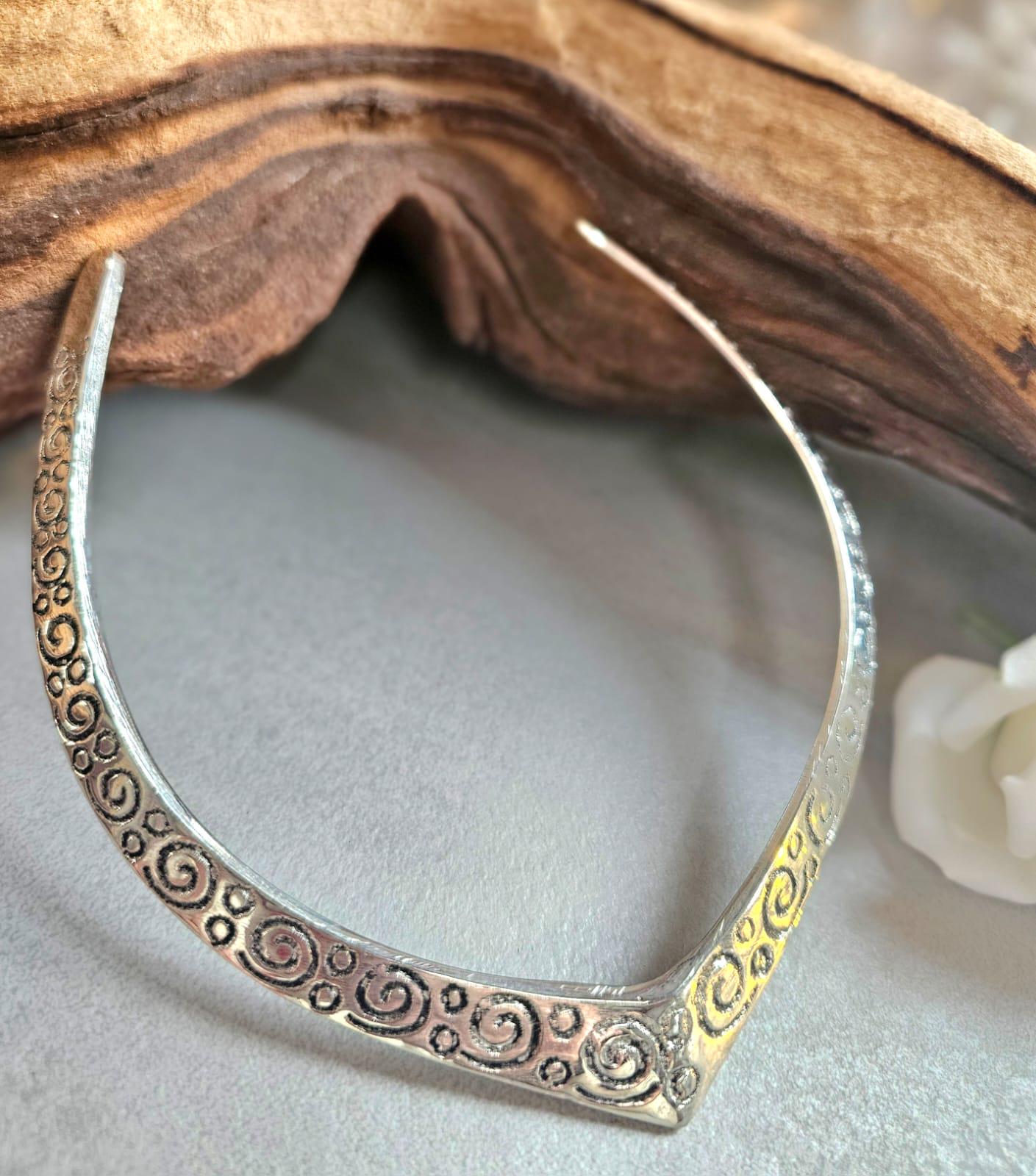 Silver Plated Statement Choker Necklace | Embossed Swirl Collar Necklace | Boho Silver Torque | Adjustable Open Choker | Gift for Her
