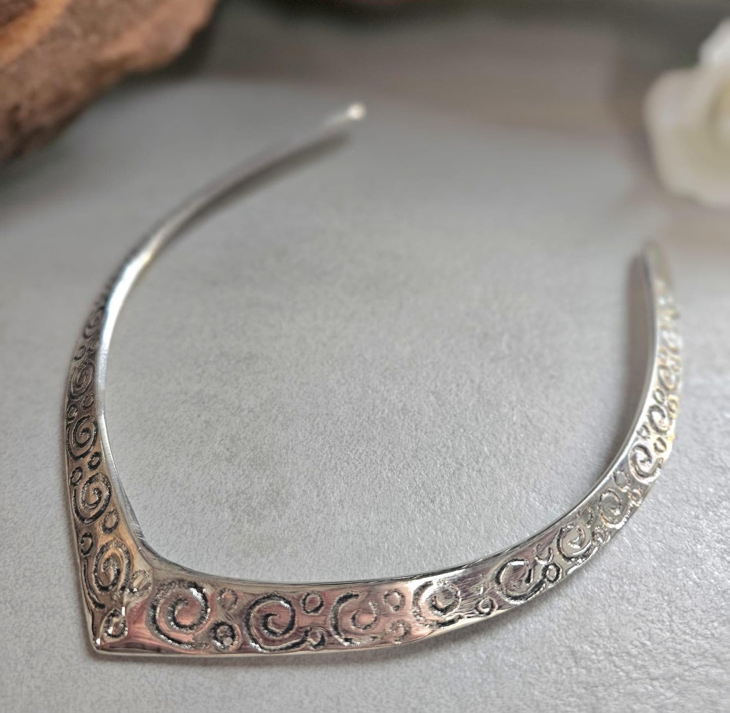 Silver Plated Statement Choker Necklace | Embossed Swirl Collar Necklace | Boho Silver Torque | Adjustable Open Choker | Gift for Her