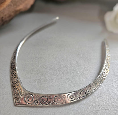 Silver Plated Statement Choker Necklace | Embossed Swirl Collar Necklace | Boho Silver Torque | Adjustable Open Choker | Gift for Her