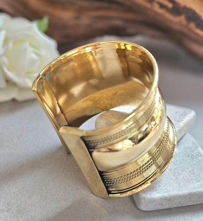 Gold Statement Cuff Bracelet – Wide Textured Open Bangle – Bold Layered Metal Cuff – Adjustable Boho Chic Jewelry Gift for Her