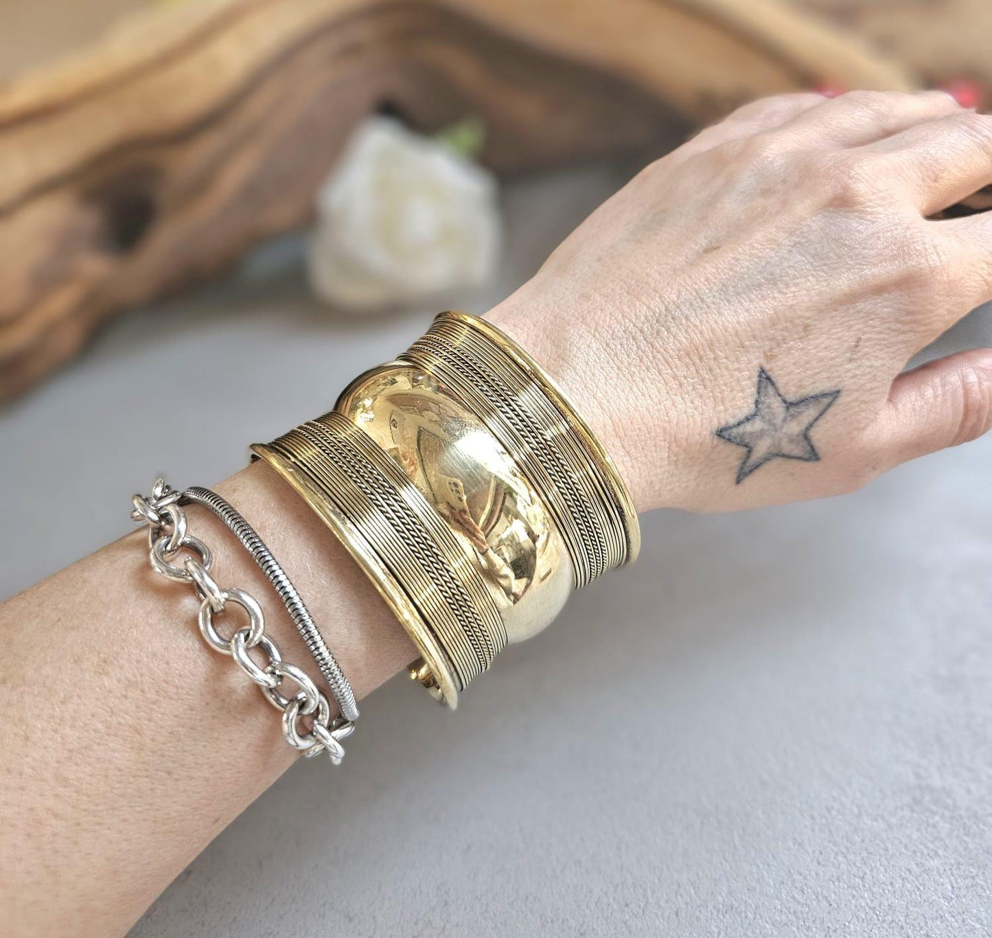 Gold Statement Cuff Bracelet – Wide Textured Open Bangle – Bold Layered Metal Cuff – Adjustable Boho Chic Jewelry Gift for Her