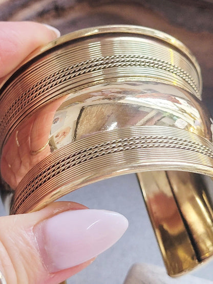 Gold Statement Cuff Bracelet – Wide Textured Open Bangle – Bold Layered Metal Cuff – Adjustable Boho Chic Jewelry Gift for Her