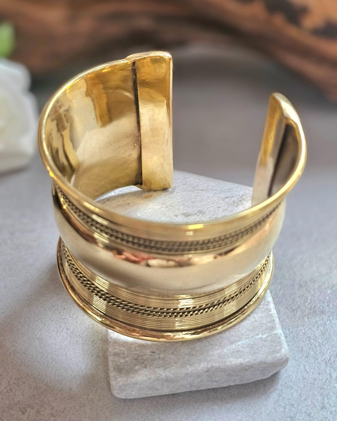 Gold Statement Cuff Bracelet – Wide Textured Open Bangle – Bold Layered Metal Cuff – Adjustable Boho Chic Jewelry Gift for Her