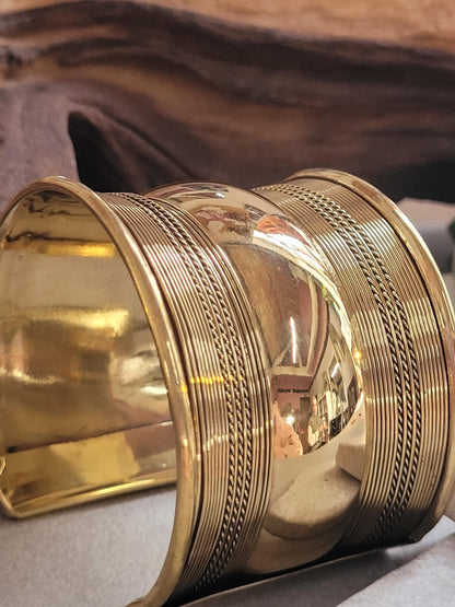Gold Statement Cuff Bracelet – Wide Textured Open Bangle – Bold Layered Metal Cuff – Adjustable Boho Chic Jewelry Gift for Her