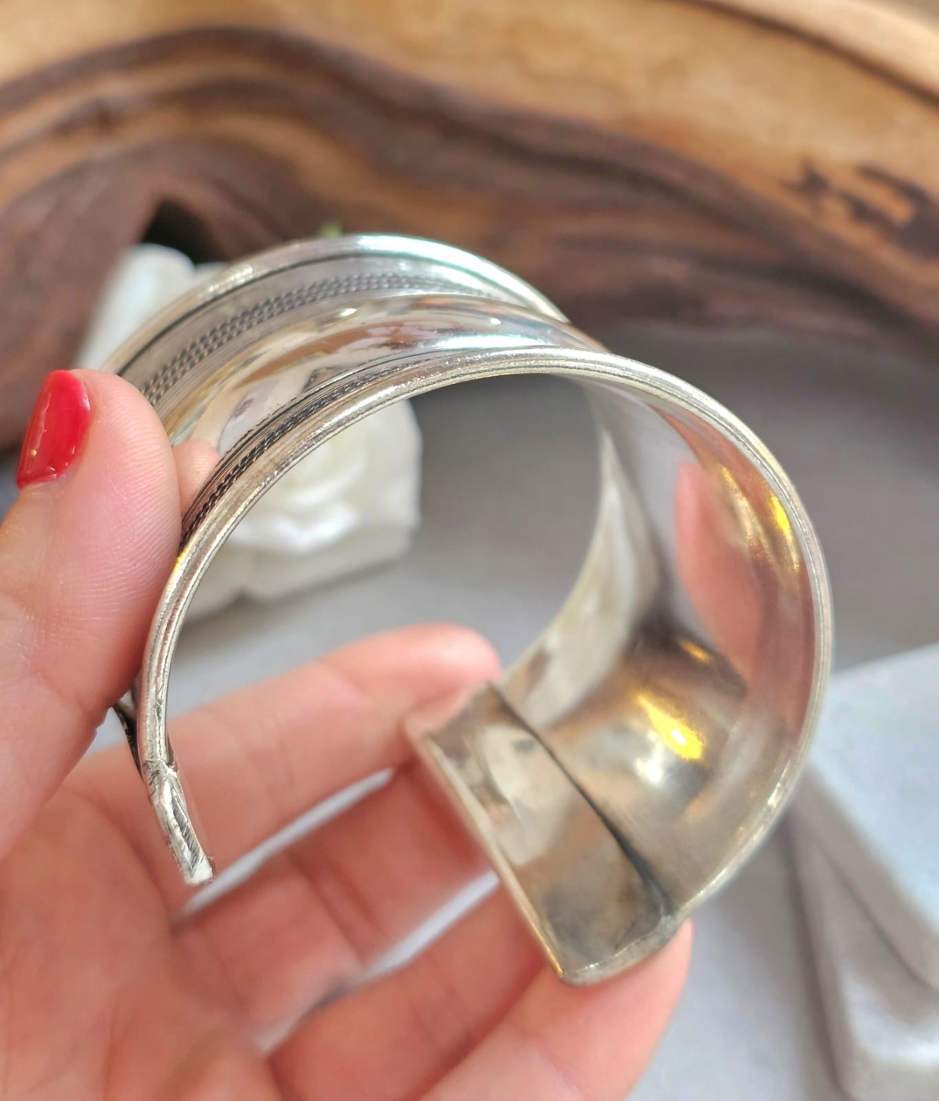 Silver Plated Wide Cuff Bracelet – Statement Textured Open Bangle – Bold Adjustable Wrist Cuff for Women