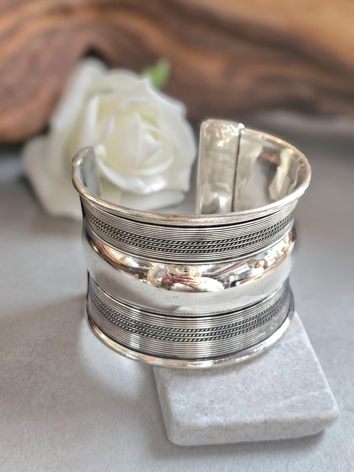 Silver Plated Wide Cuff Bracelet – Statement Textured Open Bangle – Bold Adjustable Wrist Cuff for Women