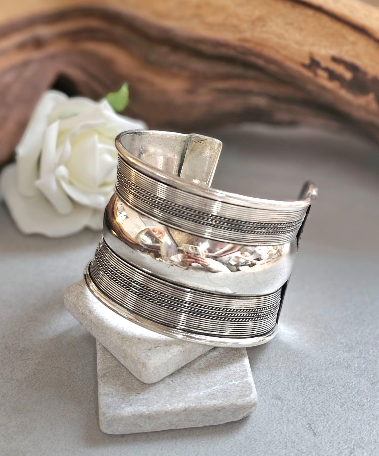 Silver Plated Wide Cuff Bracelet – Statement Textured Open Bangle – Bold Adjustable Wrist Cuff for Women