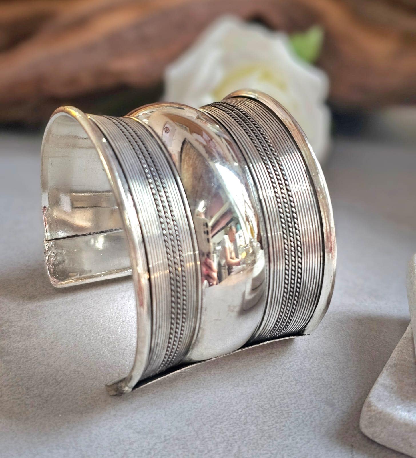 Silver Plated Wide Cuff Bracelet – Statement Textured Open Bangle – Bold Adjustable Wrist Cuff for Women