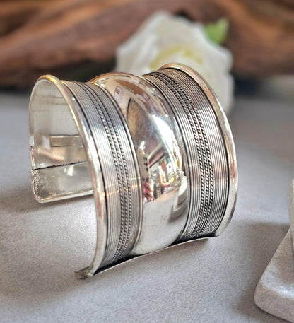 Silver Plated Wide Cuff Bracelet – Statement Textured Open Bangle – Bold Adjustable Wrist Cuff for Women