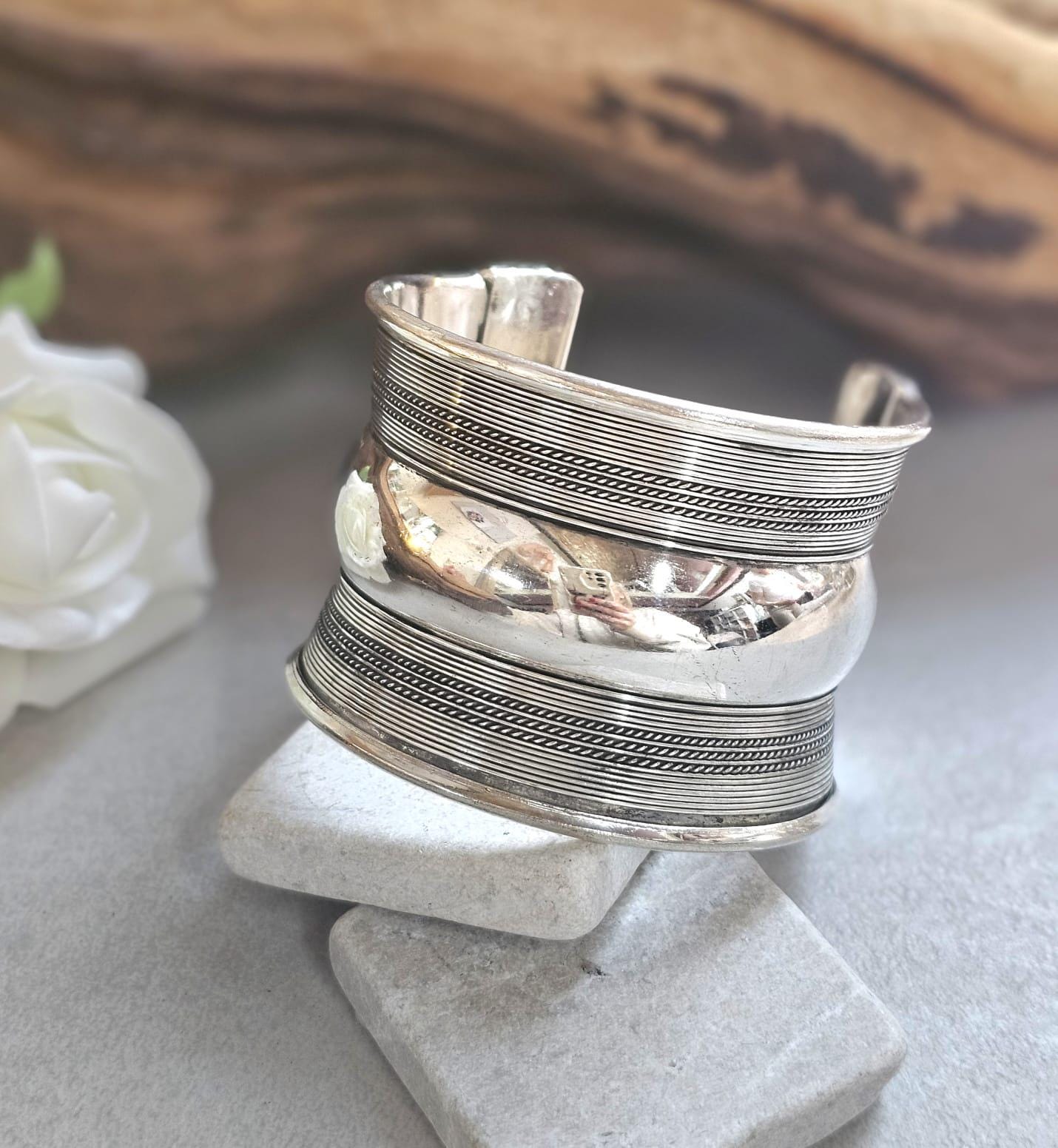Silver Plated Wide Cuff Bracelet – Statement Textured Open Bangle – Bold Adjustable Wrist Cuff for Women