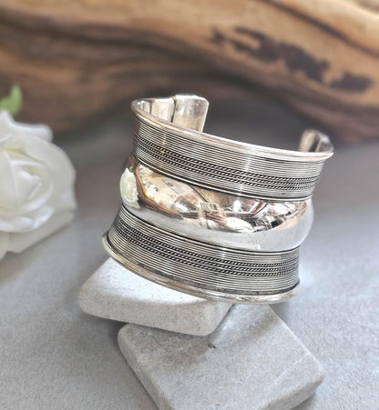 Silver Plated Wide Cuff Bracelet – Statement Textured Open Bangle – Bold Adjustable Wrist Cuff for Women