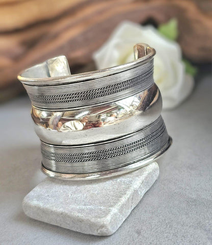 Silver Plated Wide Cuff Bracelet – Statement Textured Open Bangle – Bold Adjustable Wrist Cuff for Women