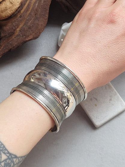 Silver Plated Wide Cuff Bracelet – Statement Textured Open Bangle – Bold Adjustable Wrist Cuff for Women