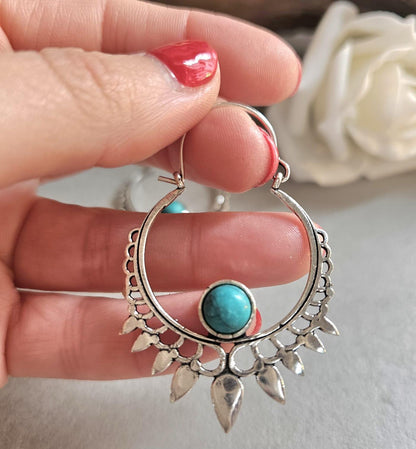 Silver Plated Turquoise Hoop Earrings | Bohemian Statement Earrings