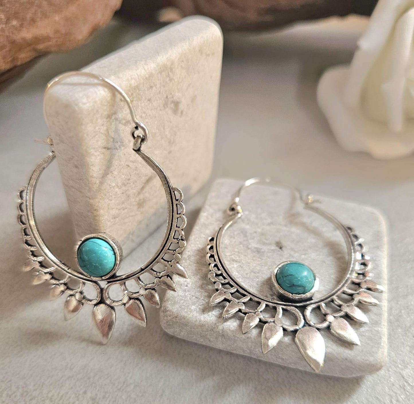 Silver Plated Turquoise Hoop Earrings | Bohemian Statement Earrings