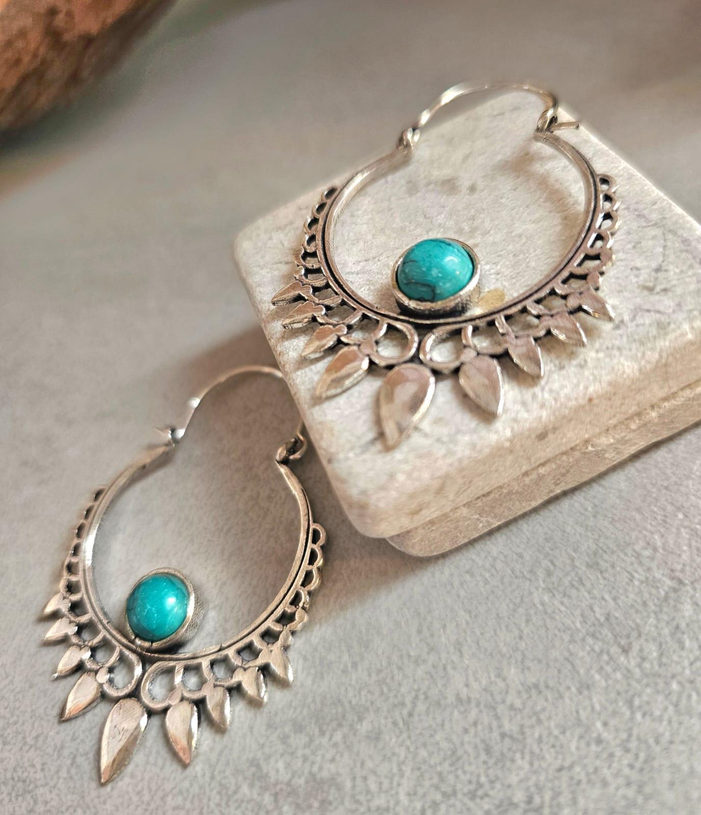 Silver Plated Turquoise Hoop Earrings | Bohemian Statement Earrings