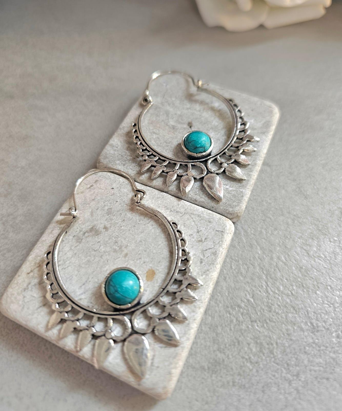Silver Plated Turquoise Hoop Earrings | Bohemian Statement Earrings