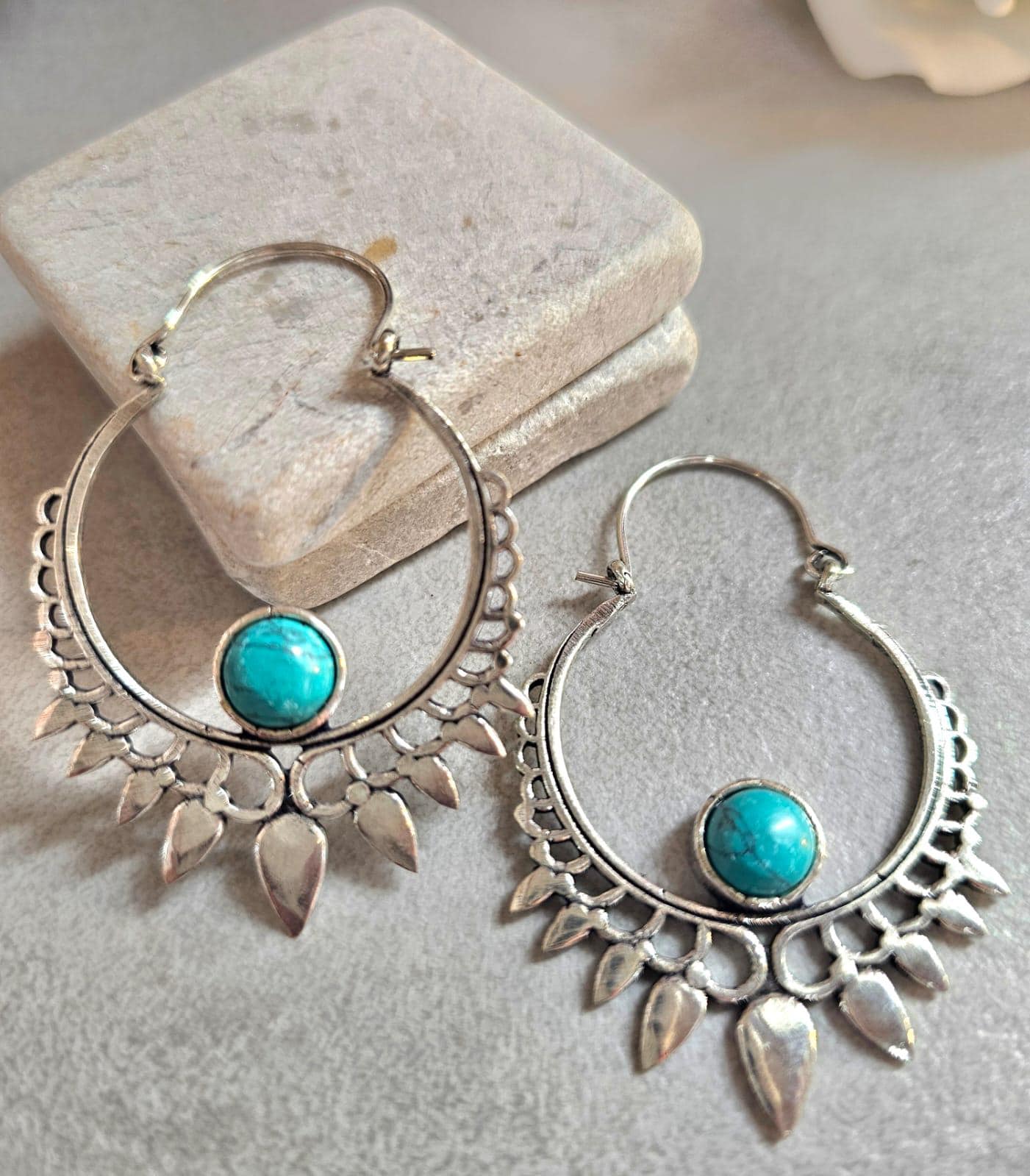 Silver Plated Turquoise Hoop Earrings | Bohemian Statement Earrings