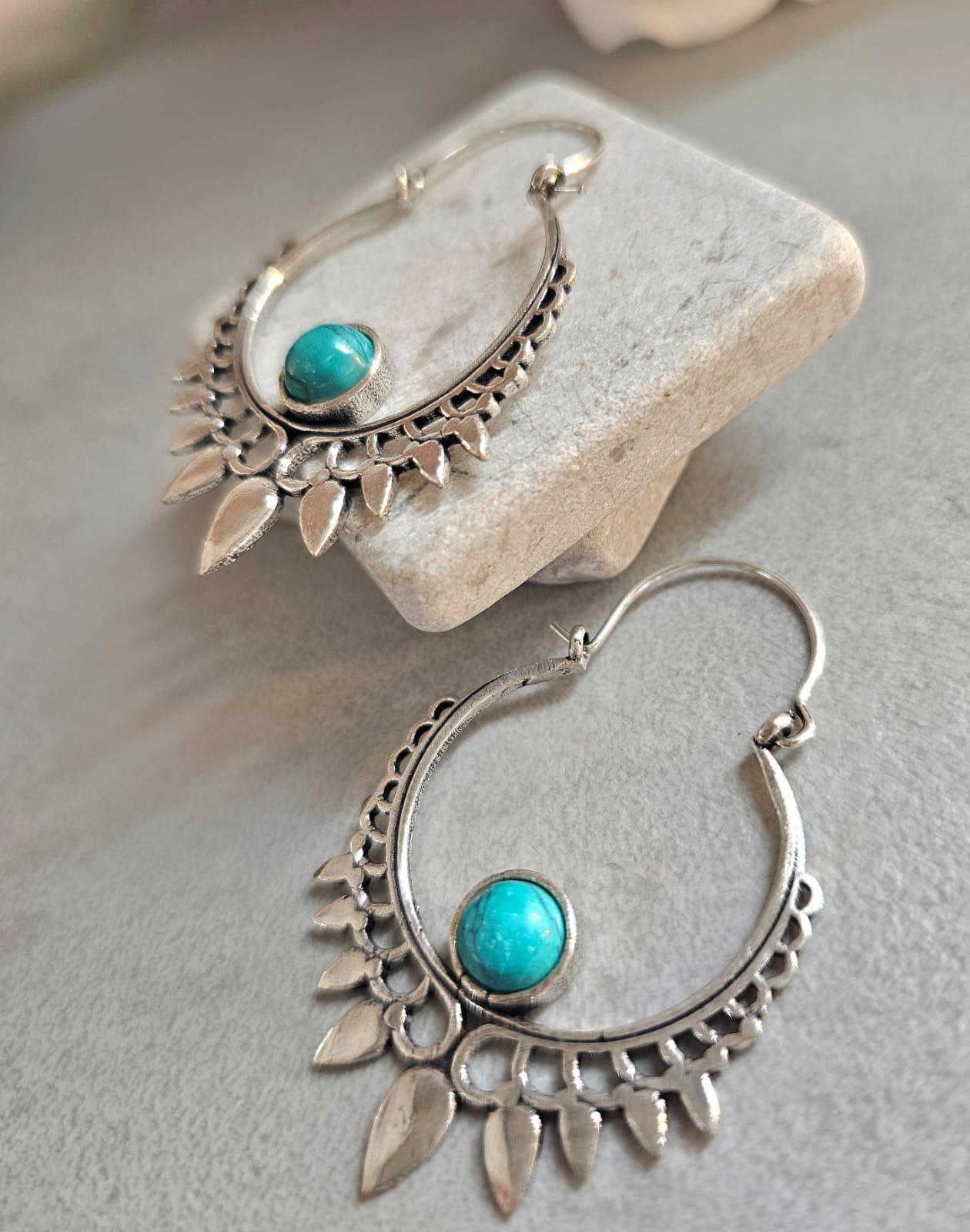 Silver Plated Turquoise Hoop Earrings | Bohemian Statement Earrings