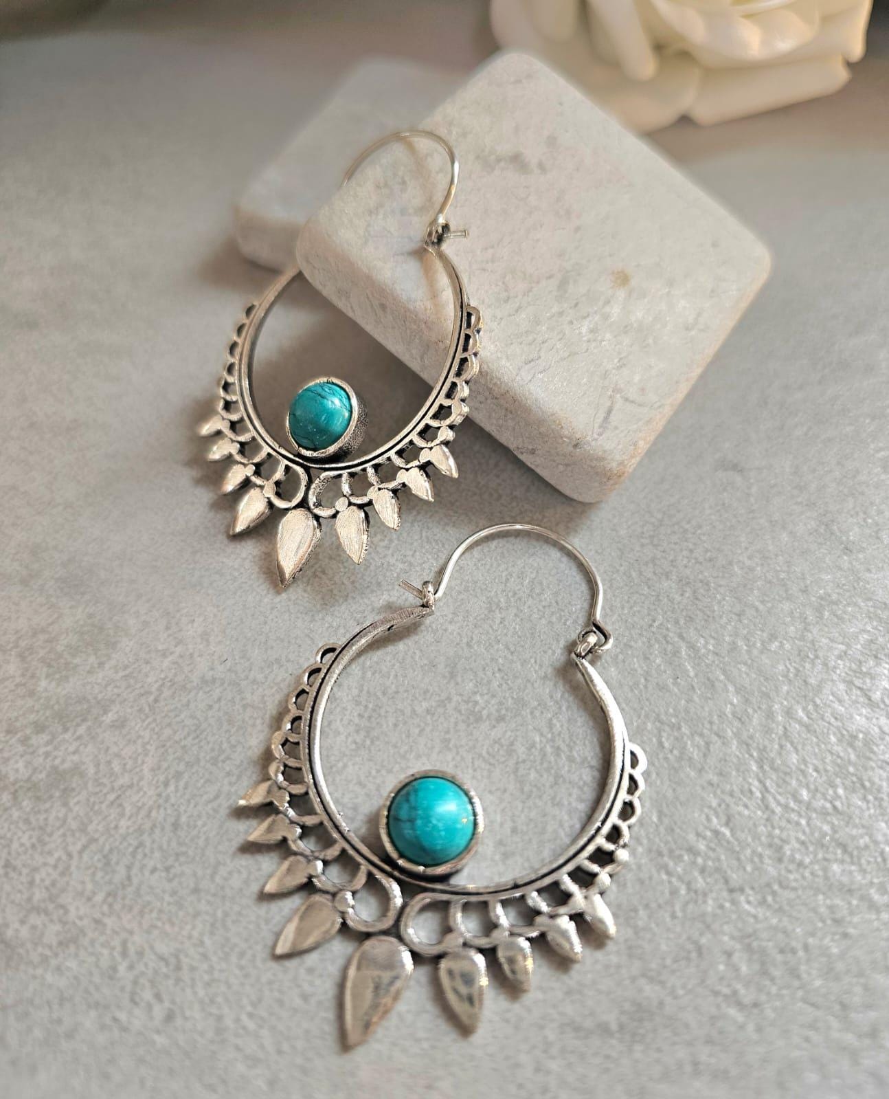 Silver Plated Turquoise Hoop Earrings | Bohemian Statement Earrings