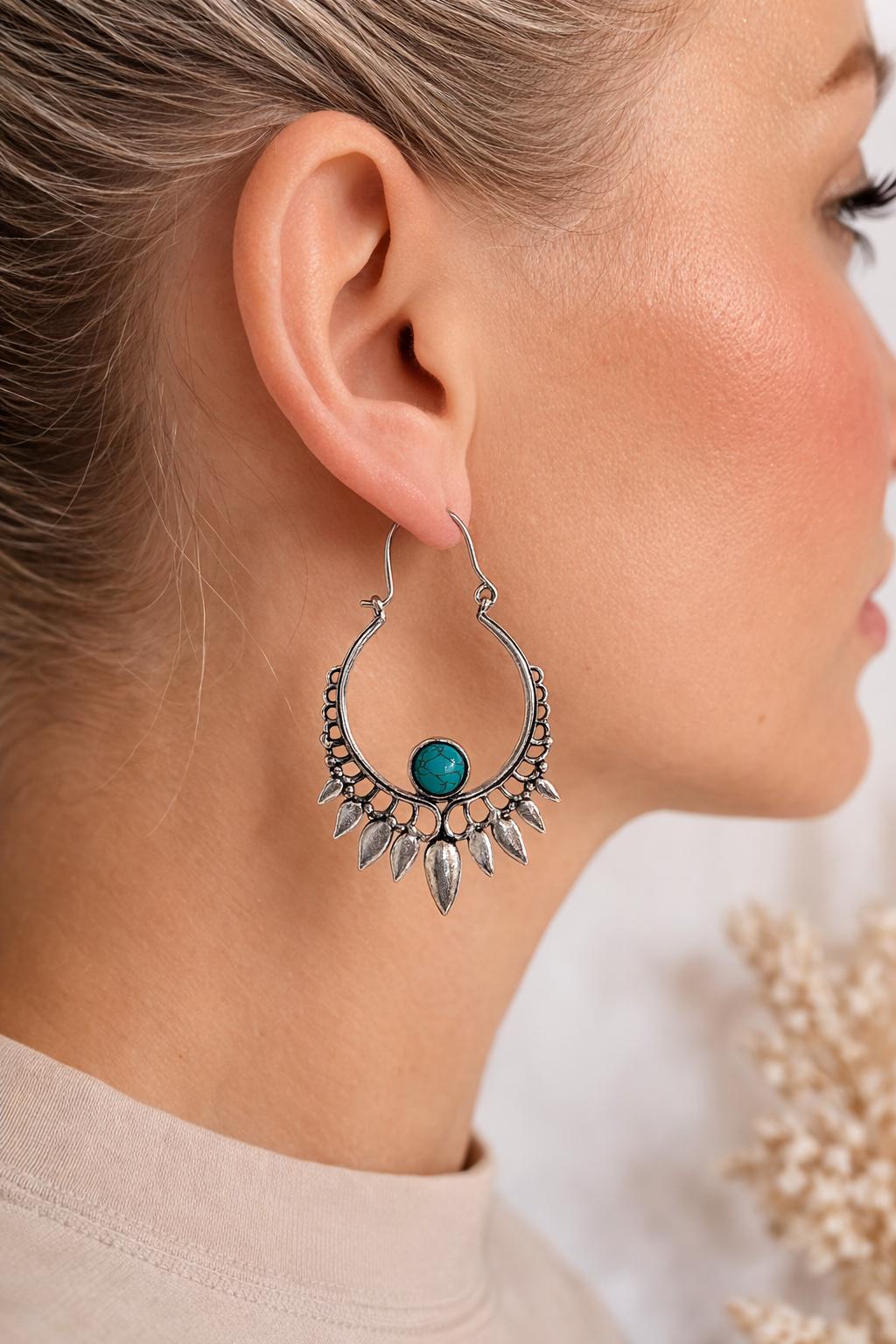 Silver Plated Turquoise Hoop Earrings | Bohemian Statement Earrings