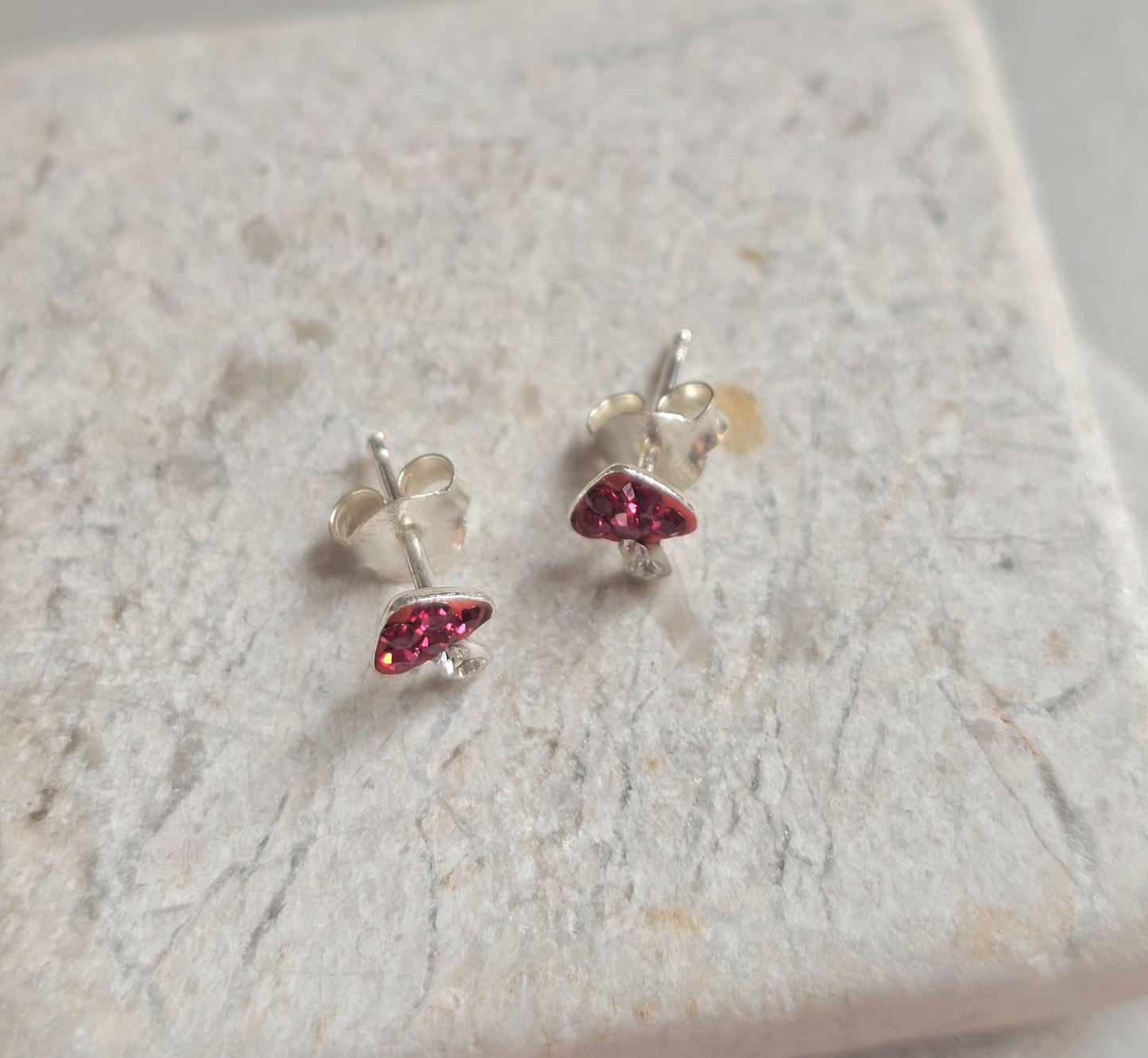 Sterling Silver Mushroom Stud Earrings – Red Crystal Toadstool Earrings – Cute Minimalist Nature Jewellery Gift for Her