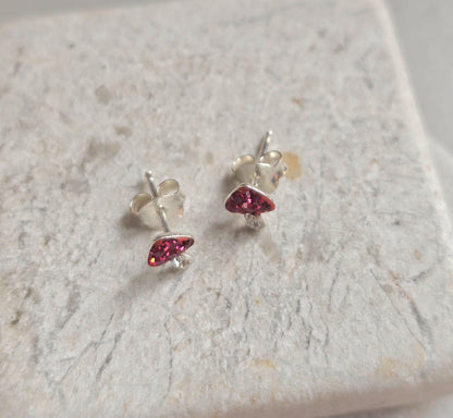 Sterling Silver Mushroom Stud Earrings – Red Crystal Toadstool Earrings – Cute Minimalist Nature Jewellery Gift for Her