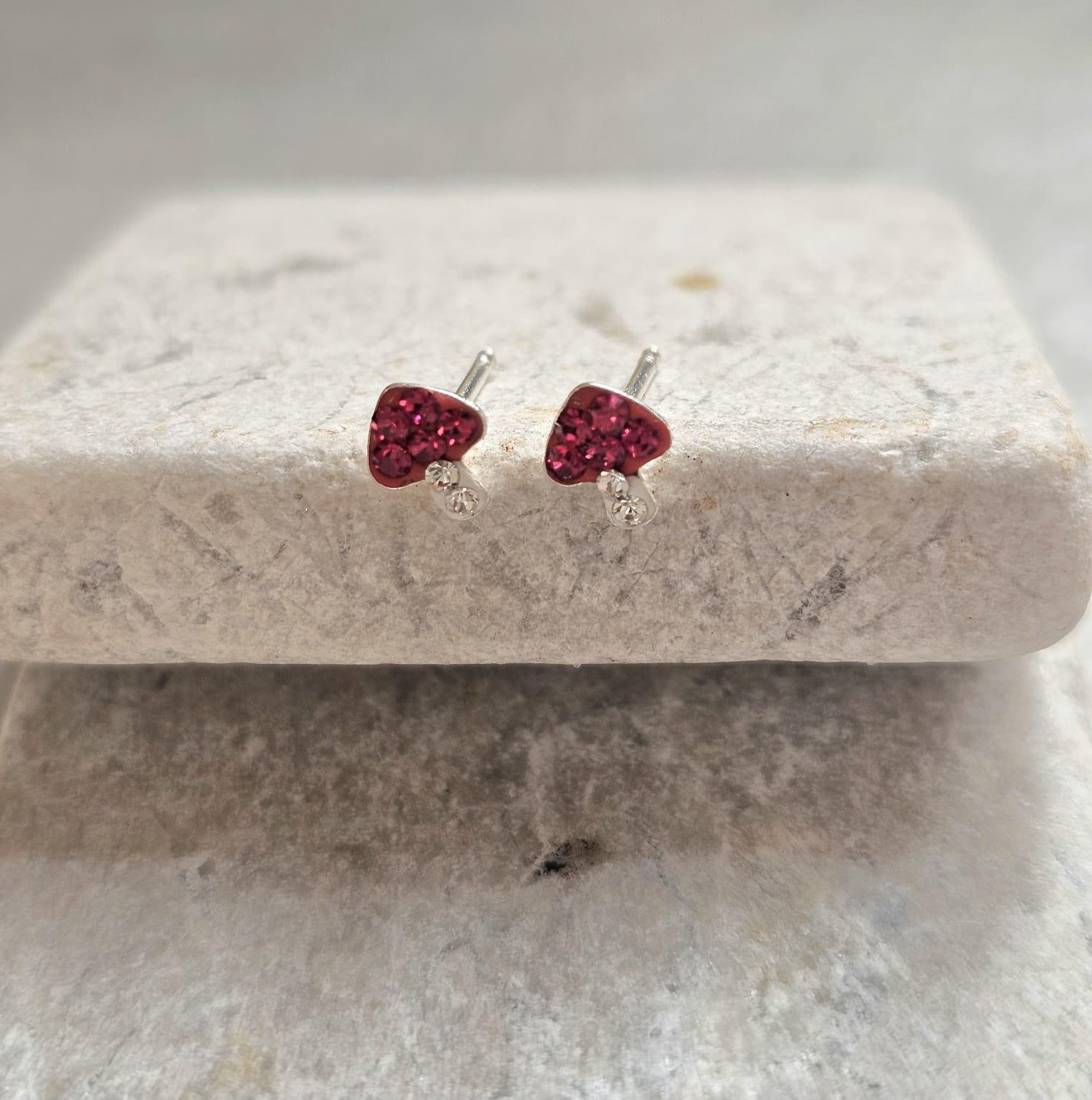 Sterling Silver Mushroom Stud Earrings – Red Crystal Toadstool Earrings – Cute Minimalist Nature Jewellery Gift for Her