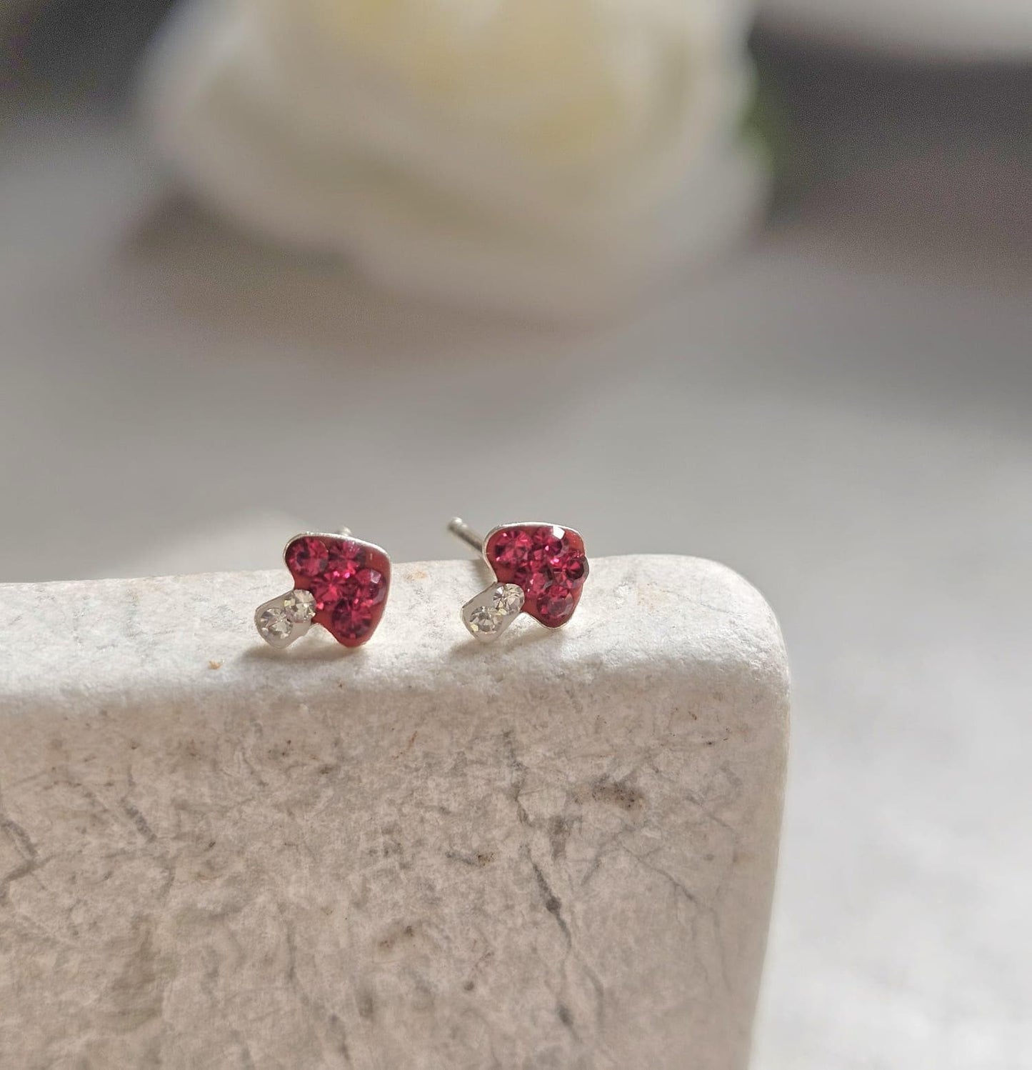 Sterling Silver Mushroom Stud Earrings – Red Crystal Toadstool Earrings – Cute Minimalist Nature Jewellery Gift for Her