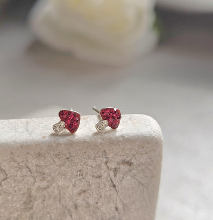 Sterling Silver Mushroom Stud Earrings – Red Crystal Toadstool Earrings – Cute Minimalist Nature Jewellery Gift for Her