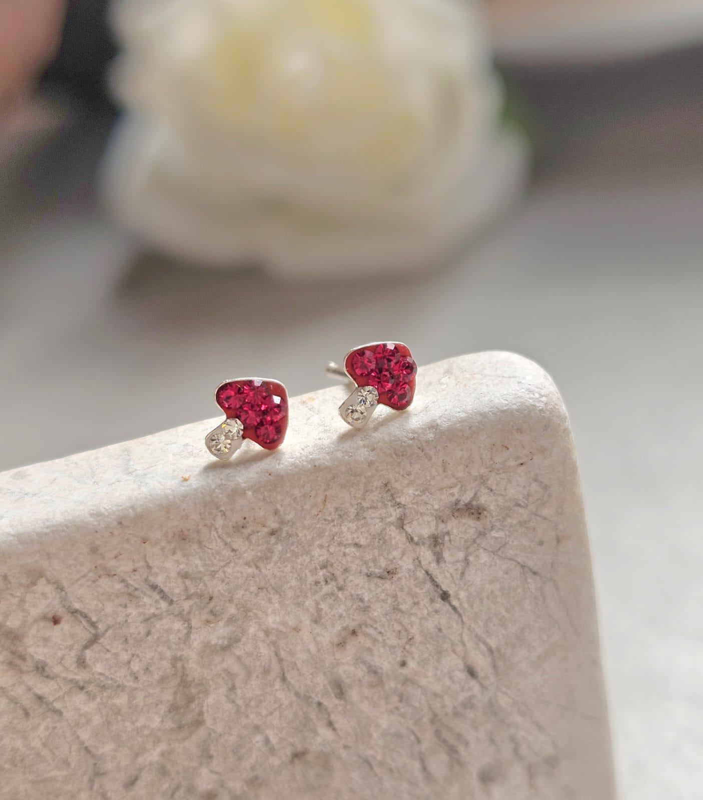 Sterling Silver Mushroom Stud Earrings – Red Crystal Toadstool Earrings – Cute Minimalist Nature Jewellery Gift for Her