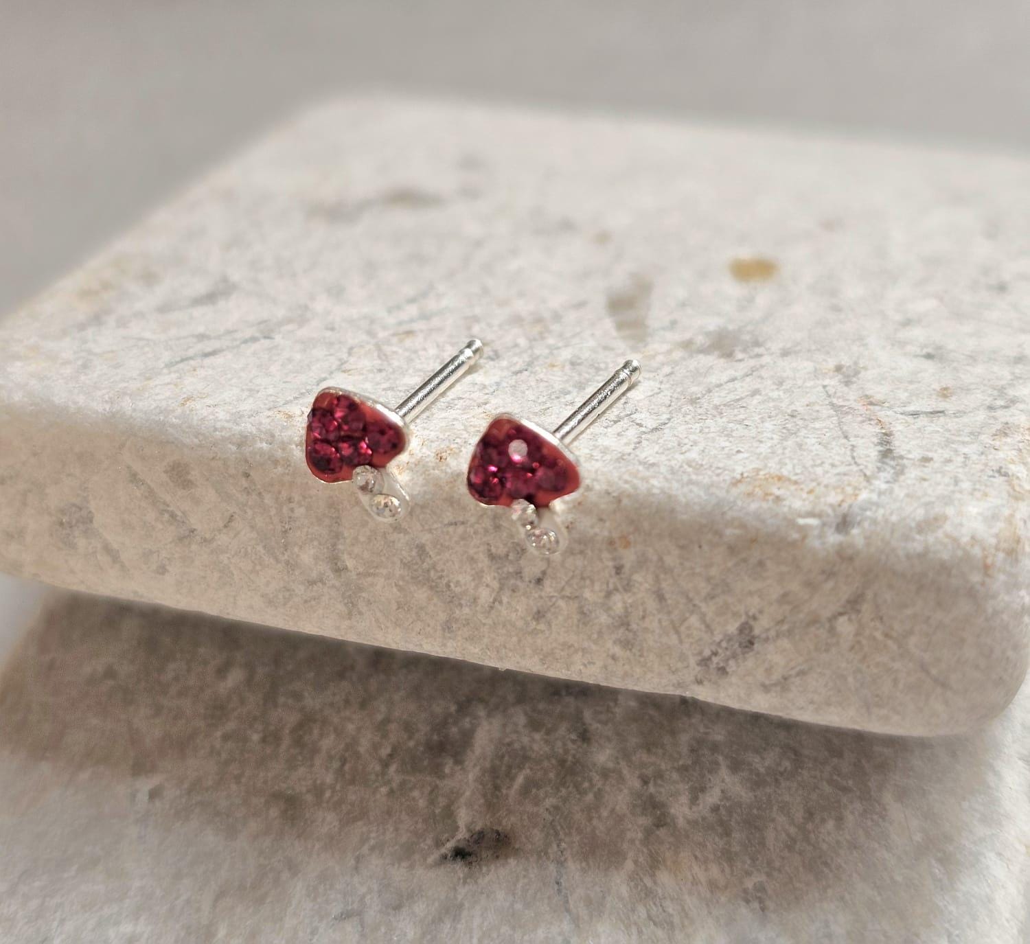 Sterling Silver Mushroom Stud Earrings – Red Crystal Toadstool Earrings – Cute Minimalist Nature Jewellery Gift for Her