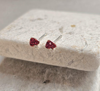 Sterling Silver Mushroom Stud Earrings – Red Crystal Toadstool Earrings – Cute Minimalist Nature Jewellery Gift for Her
