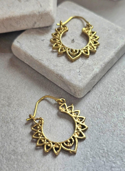 Small Brass Hoop Earrings, Boho Brass Hoops, Hypoallergenic Gold Hoop Earrings, Mandala Earrings, Lightweight
