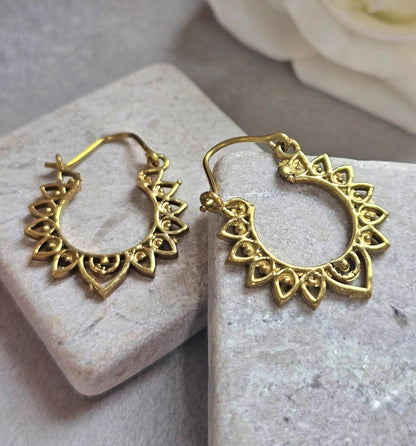 Small Brass Hoop Earrings, Boho Brass Hoops, Hypoallergenic Gold Hoop Earrings, Mandala Earrings, Lightweight
