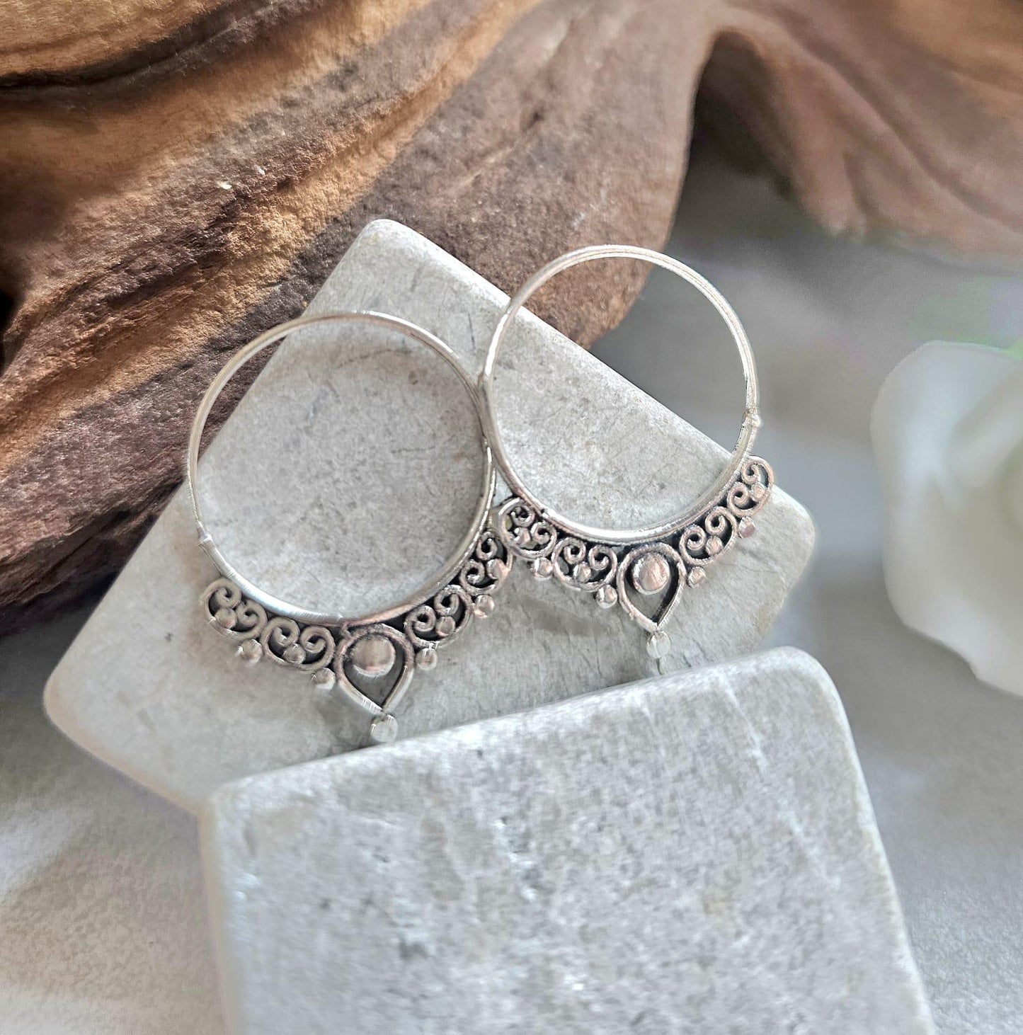 Silver Plated Bali Hoop Earrings Boho Filigree Hoops