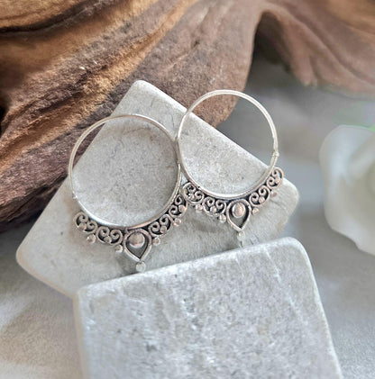 Silver Plated Bali Hoop Earrings Boho Filigree Hoops